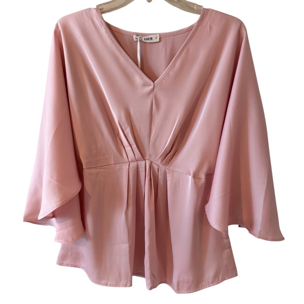 Grace Karin Pink Satin V-Neck Angel Sleeve Empire Waist Blouse Top Medium NWT